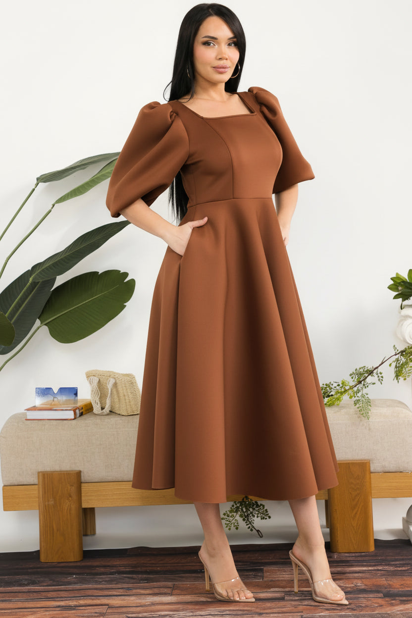 HH727R-S Puff Sleeve Midi Dress