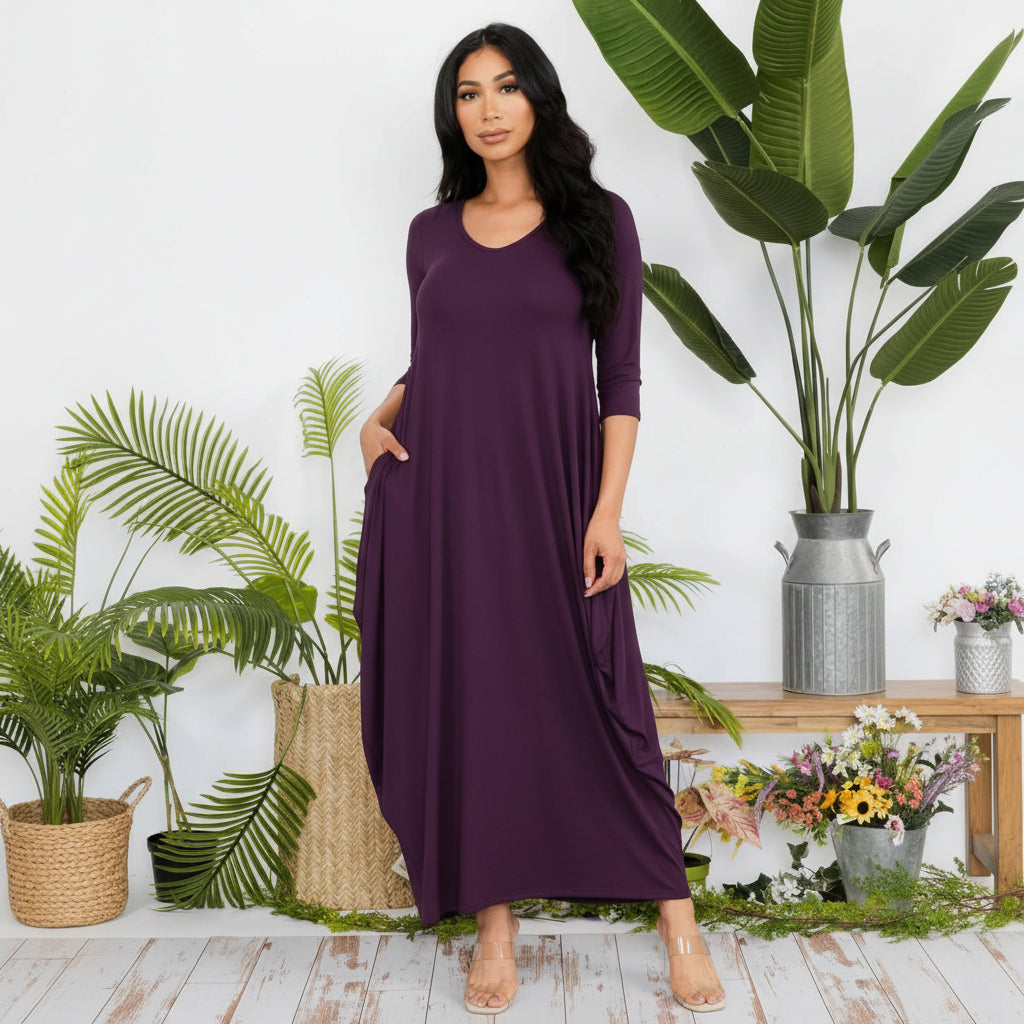 HH645R-S1 Relaxed Fit Draped Maxi Dress with Pockets