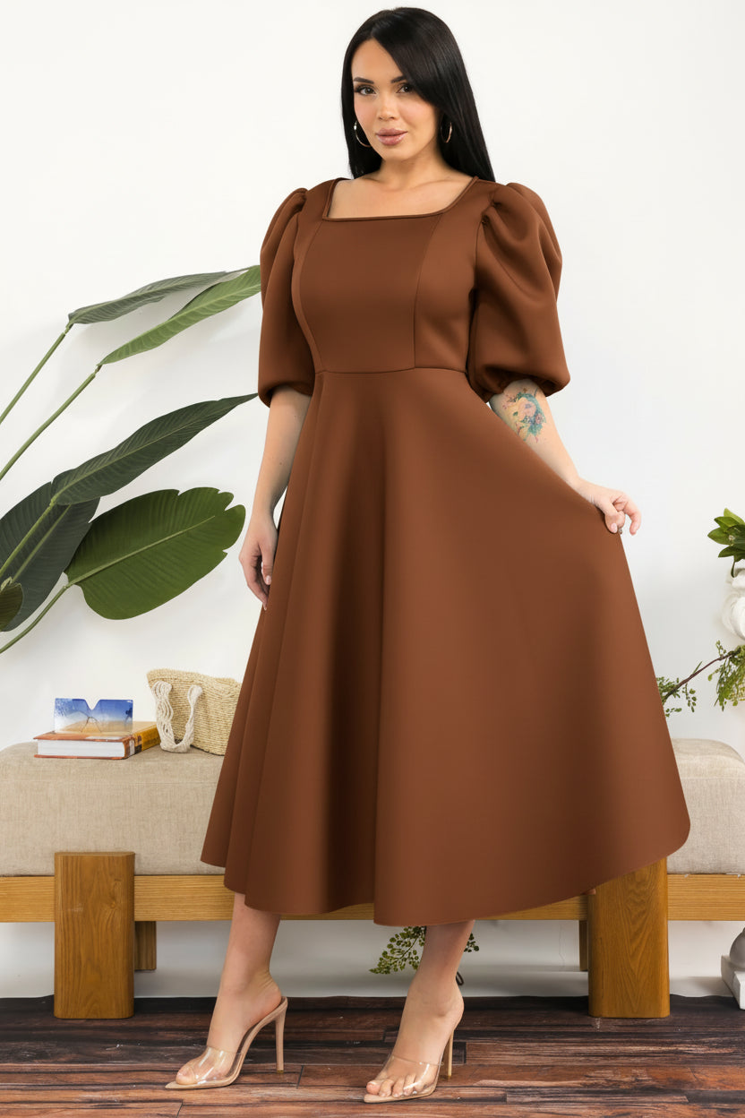 HH727R-S Puff Sleeve Midi Dress