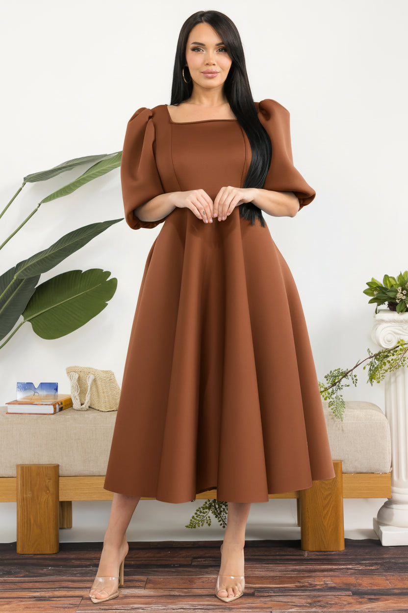 HH727X-S Plus Size Puff Sleeve Midi Dress