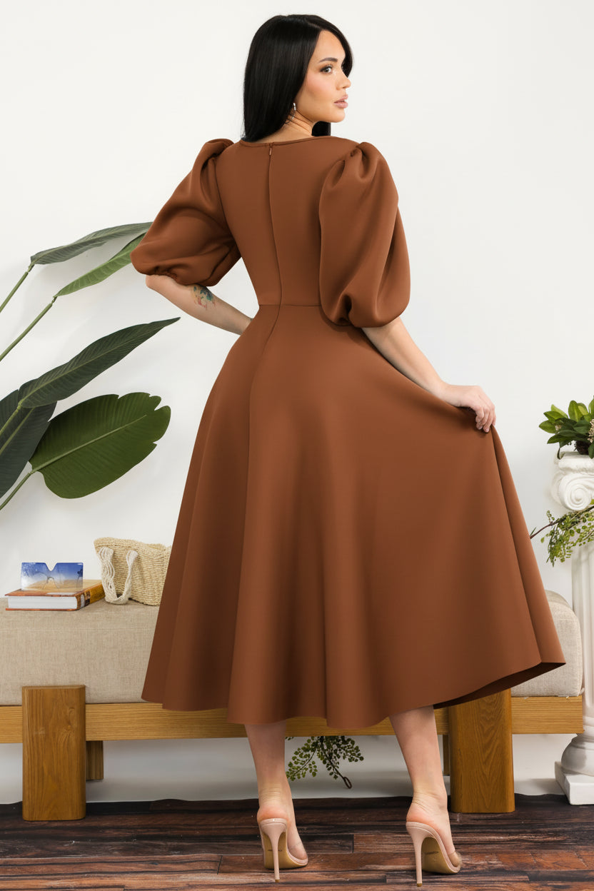 HH727X-S Plus Size Puff Sleeve Midi Dress