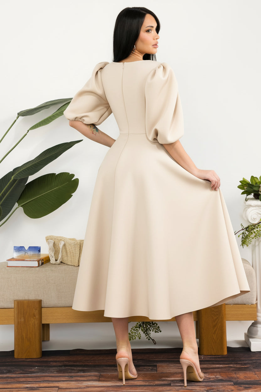 HH727X-S Plus Size Puff Sleeve Midi Dress