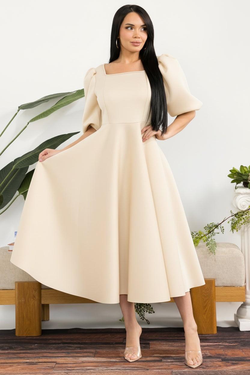 HH727X-S Plus Size Puff Sleeve Midi Dress
