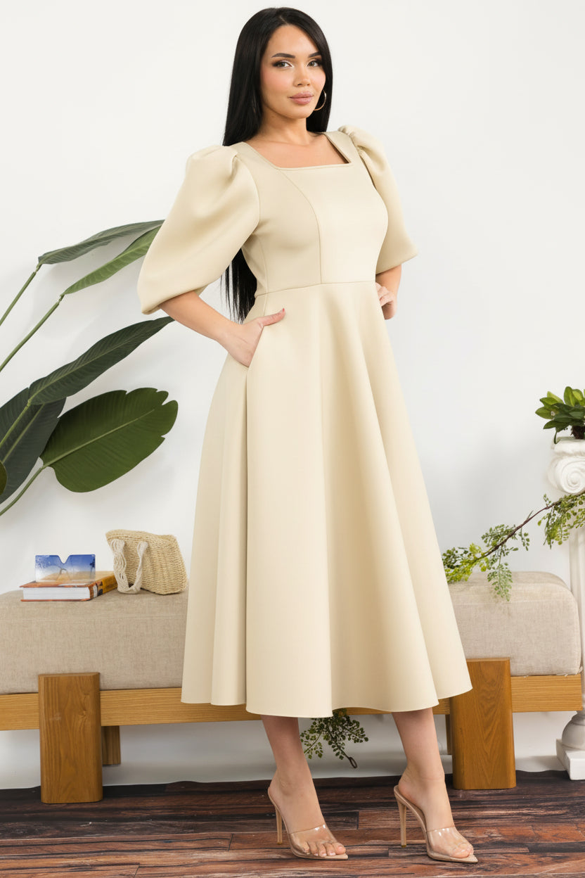 HH727R-S Puff Sleeve Midi Dress