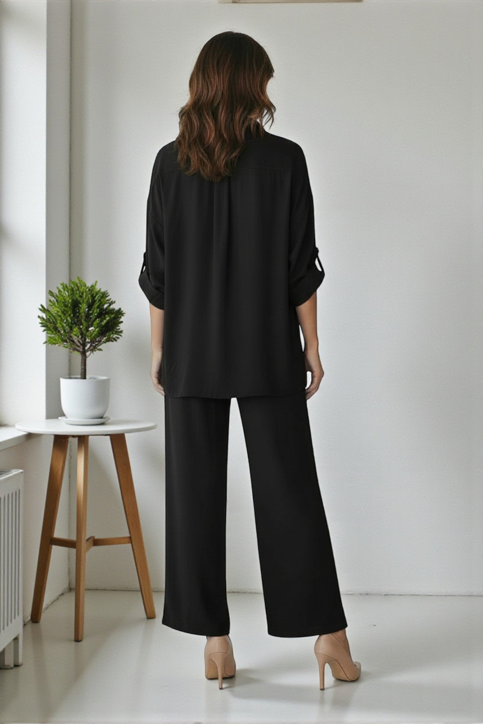 25613-R Lace-Up Relaxed Blouse & Wide-Leg Pant Set