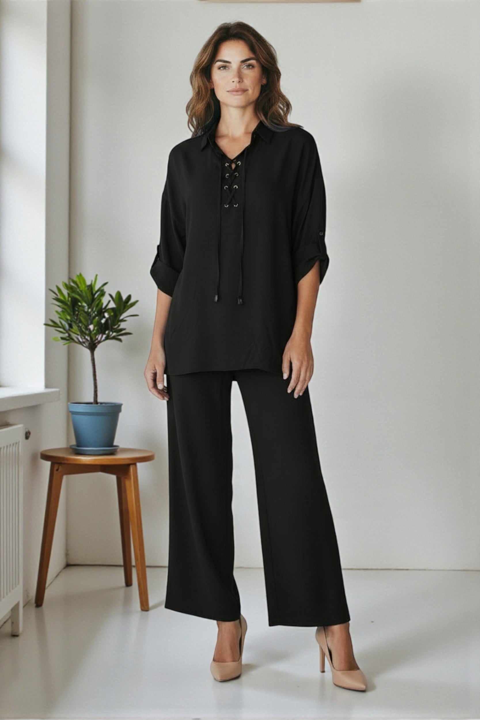 25613-R Lace-Up Relaxed Blouse & Wide-Leg Pant Set