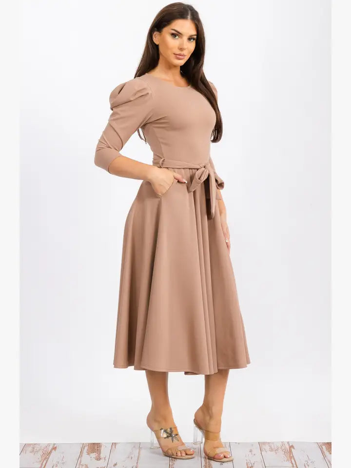 HH698X-LS-S2 Puff Sleeve Midi A-Line Dress with Waist Tie