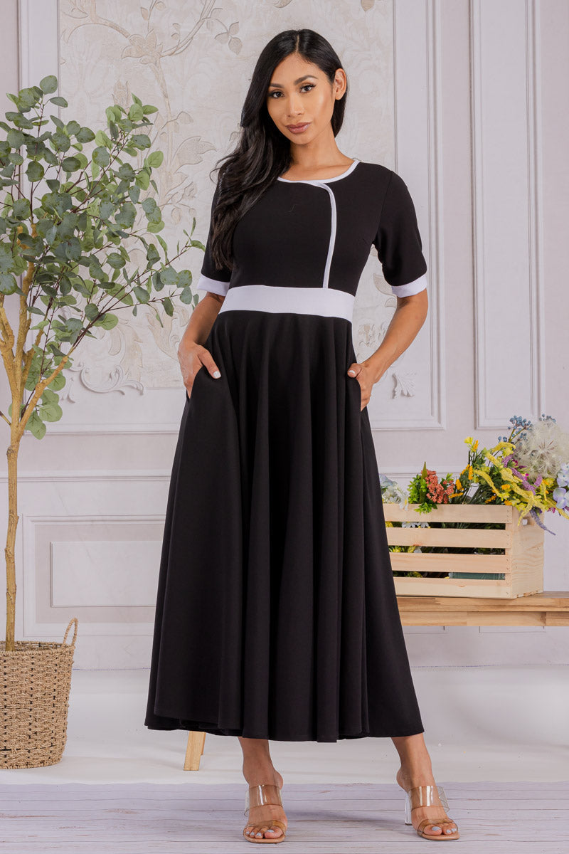 HH730X-SOLID - CONTRAST TRIM FLOWY DRESS