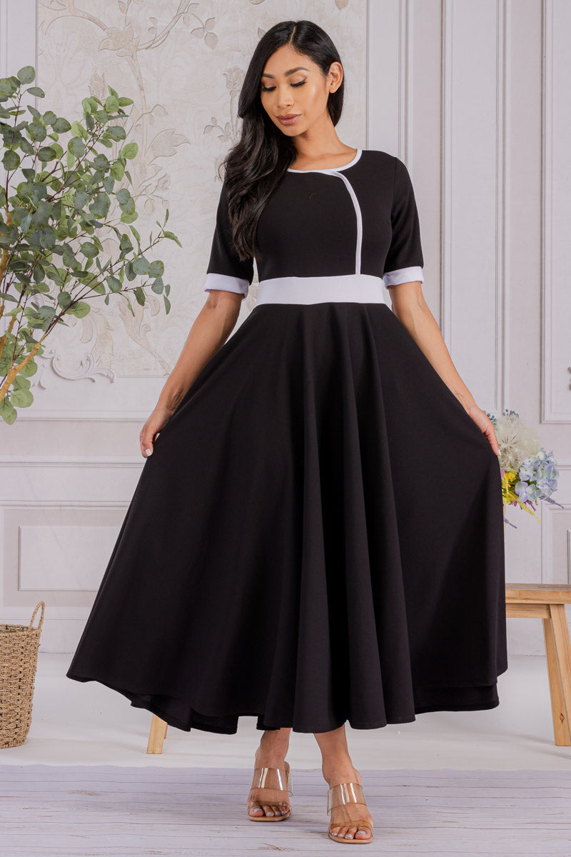 HH730X-SOLID - CONTRAST TRIM FLOWY DRESS