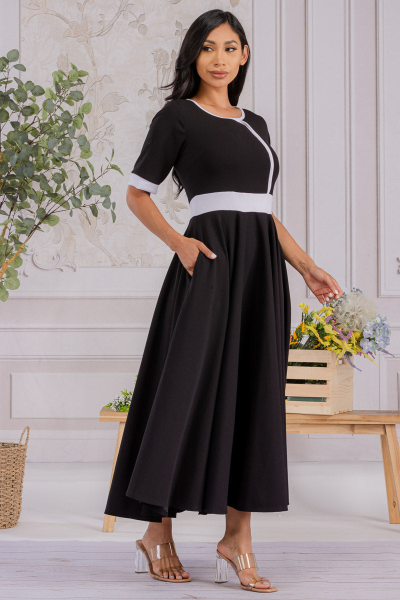 HH730X-SOLID - CONTRAST TRIM FLOWY DRESS