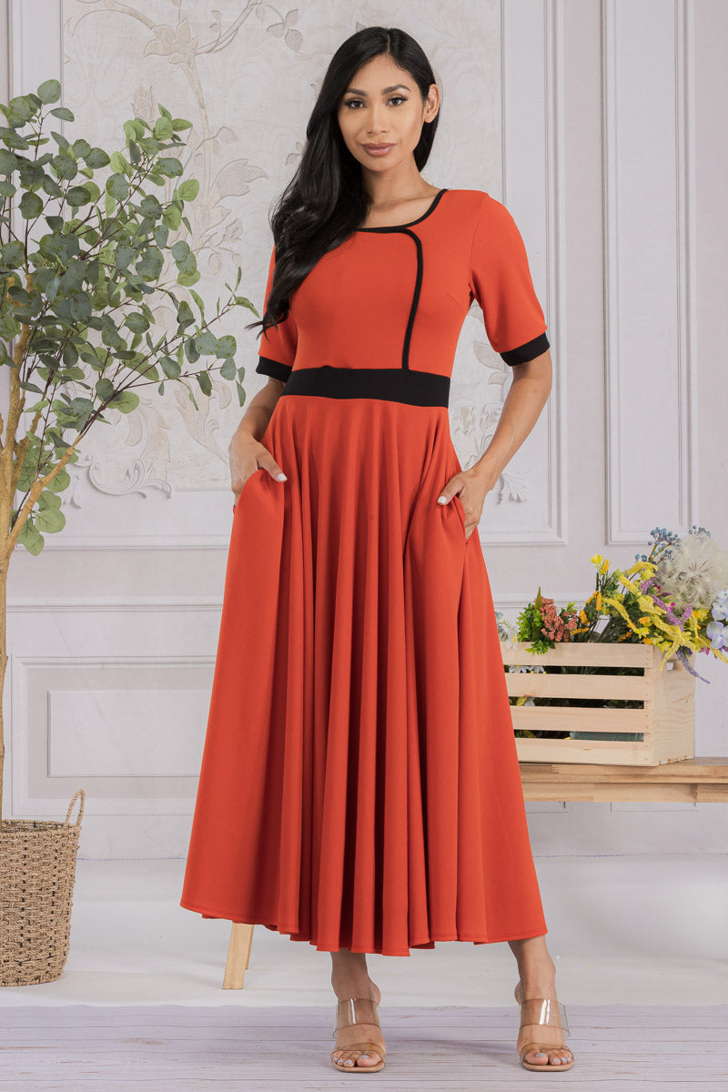 HH730X-SOLID - CONTRAST TRIM FLOWY DRESS