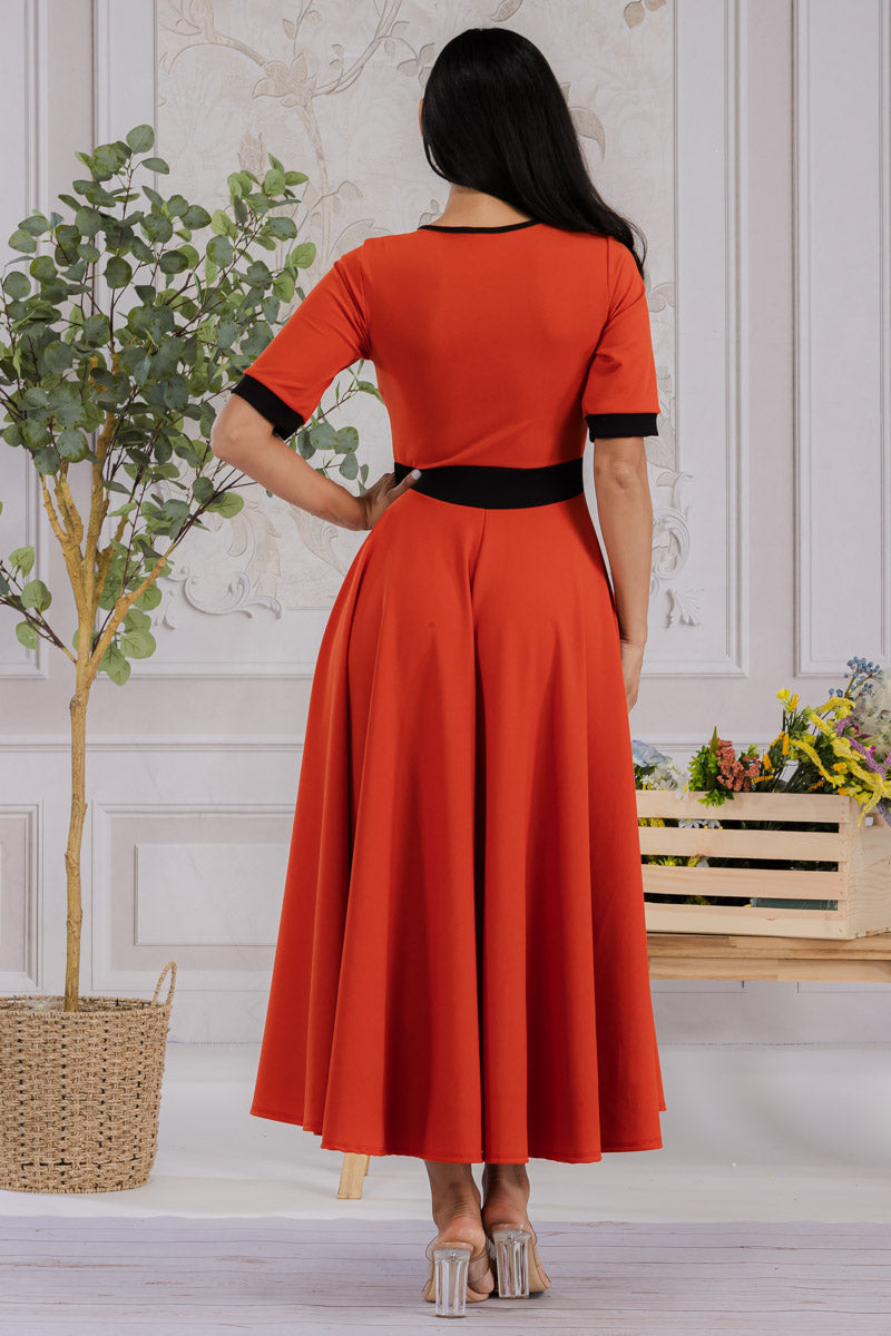 HH730X-SOLID - CONTRAST TRIM FLOWY DRESS