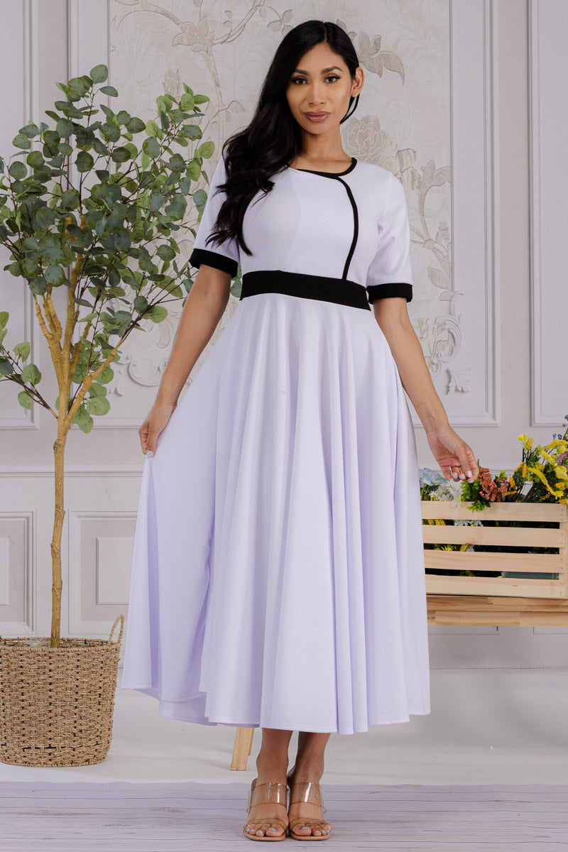 HH730X-SOLID - CONTRAST TRIM FLOWY DRESS