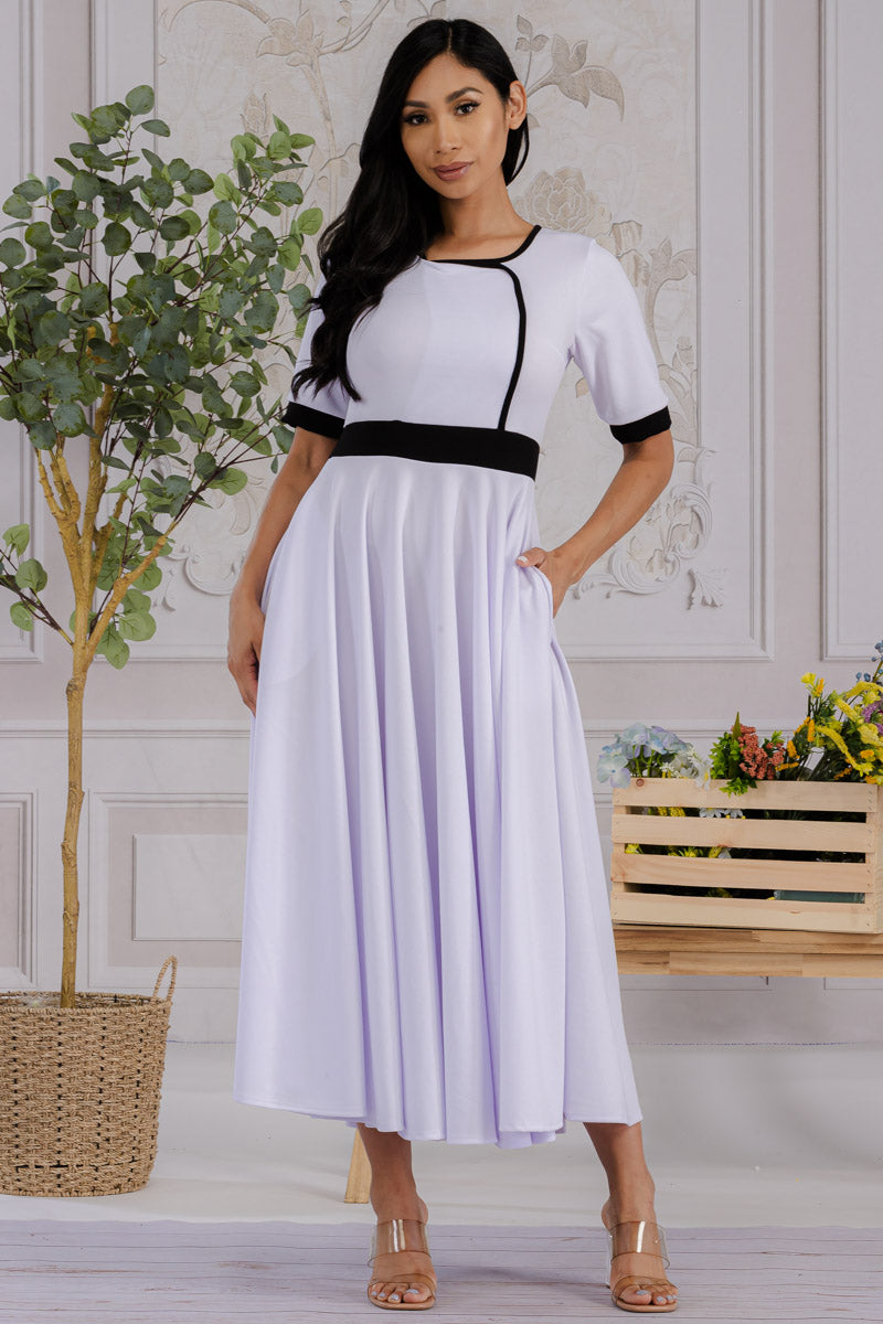 HH730X-SOLID - CONTRAST TRIM FLOWY DRESS