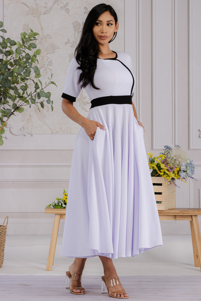 HH730X-SOLID - CONTRAST TRIM FLOWY DRESS