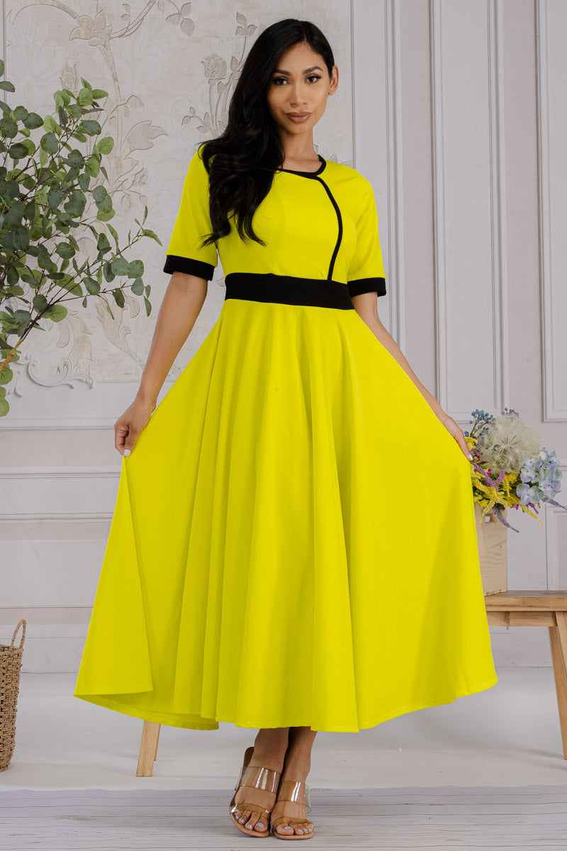 HH730X-SOLID - CONTRAST TRIM FLOWY DRESS