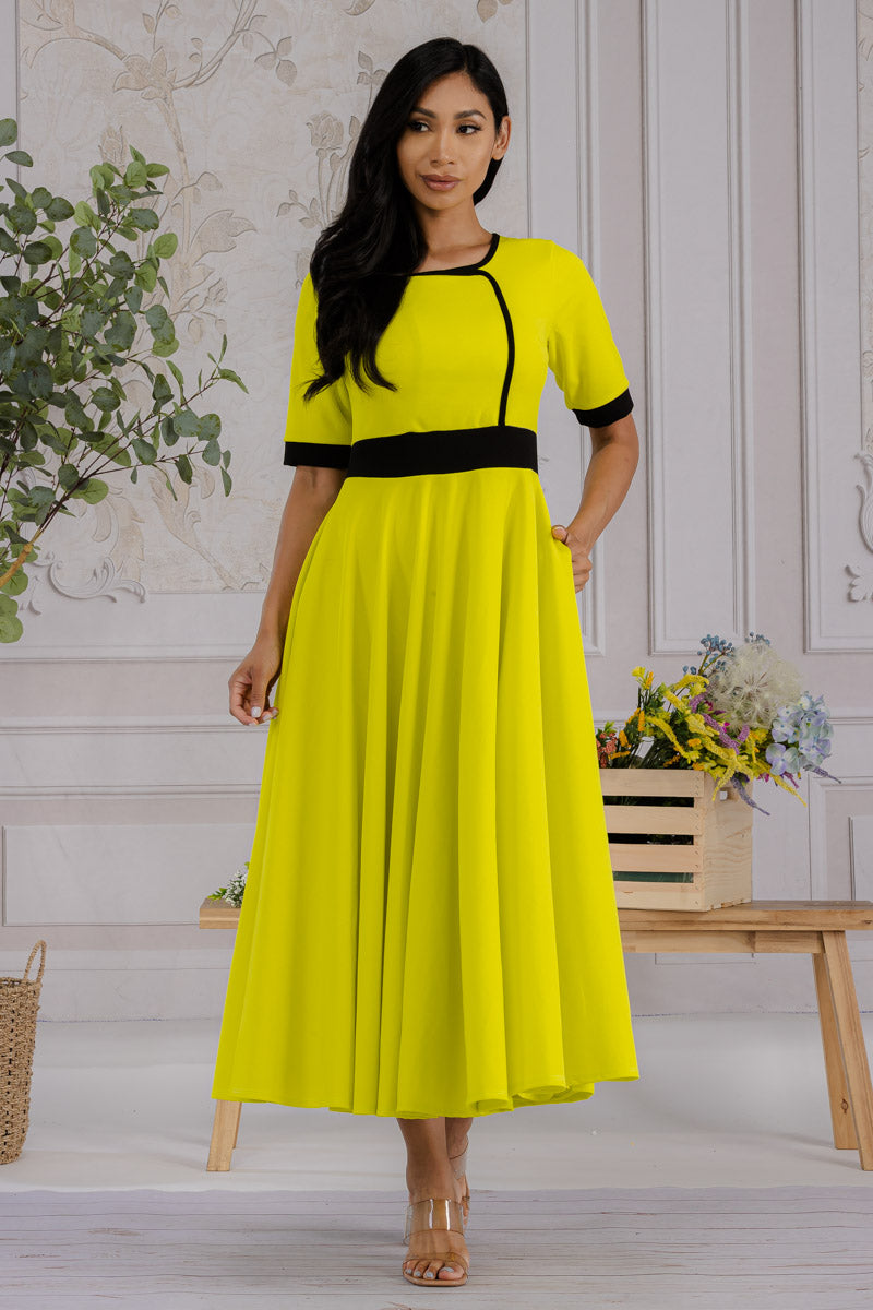 HH730X-SOLID - CONTRAST TRIM FLOWY DRESS