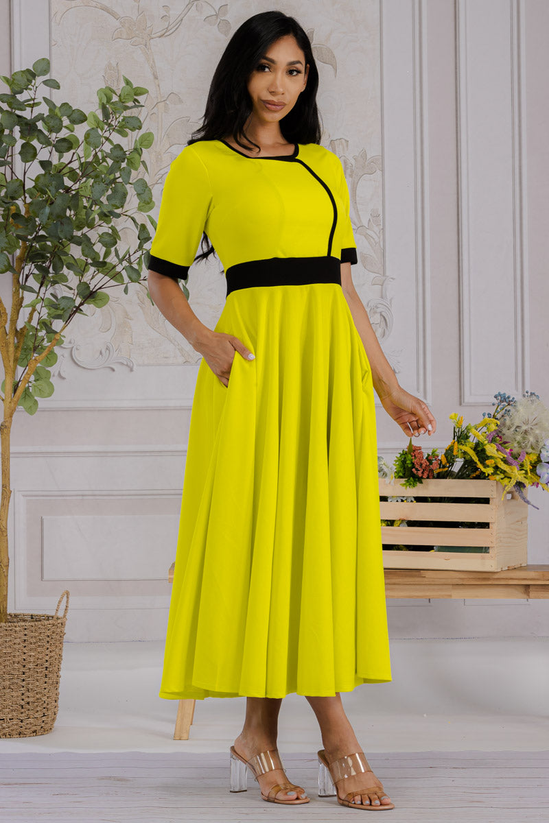 HH730X-SOLID - CONTRAST TRIM FLOWY DRESS