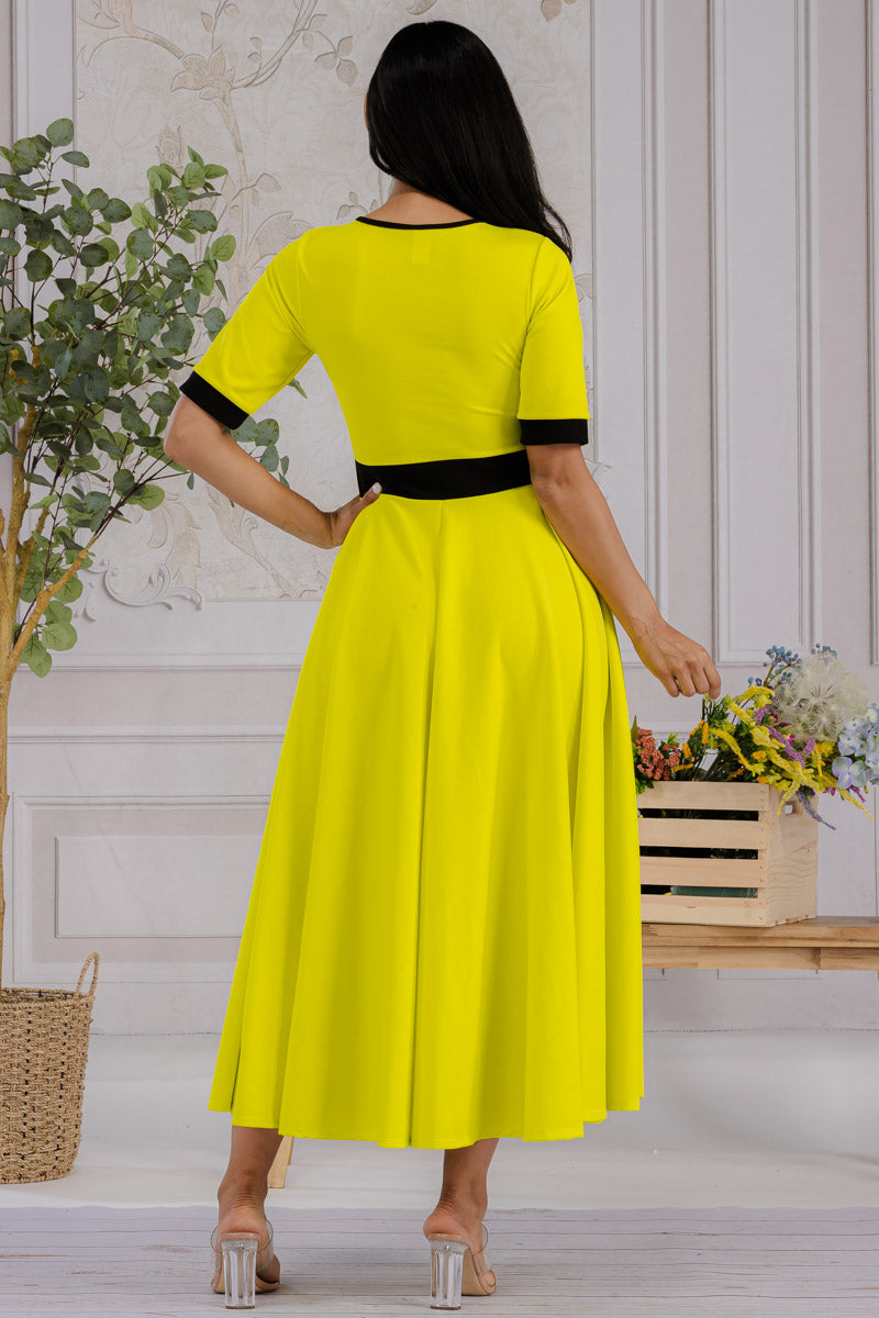 HH730X-SOLID - CONTRAST TRIM FLOWY DRESS