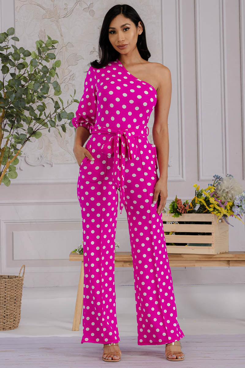 HH667R-POLKADOT - ONE SHOULDER JUMPSUIT