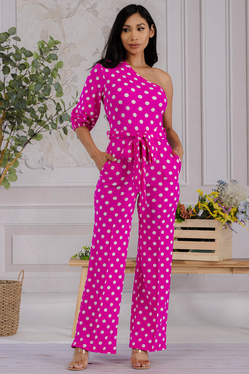 HH667R-POLKADOT - ONE SHOULDER JUMPSUIT