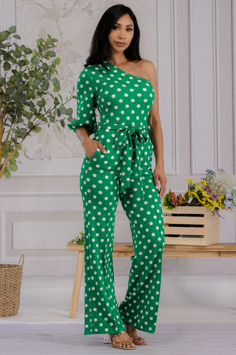 HH667R-POLKADOT - ONE SHOULDER JUMPSUIT