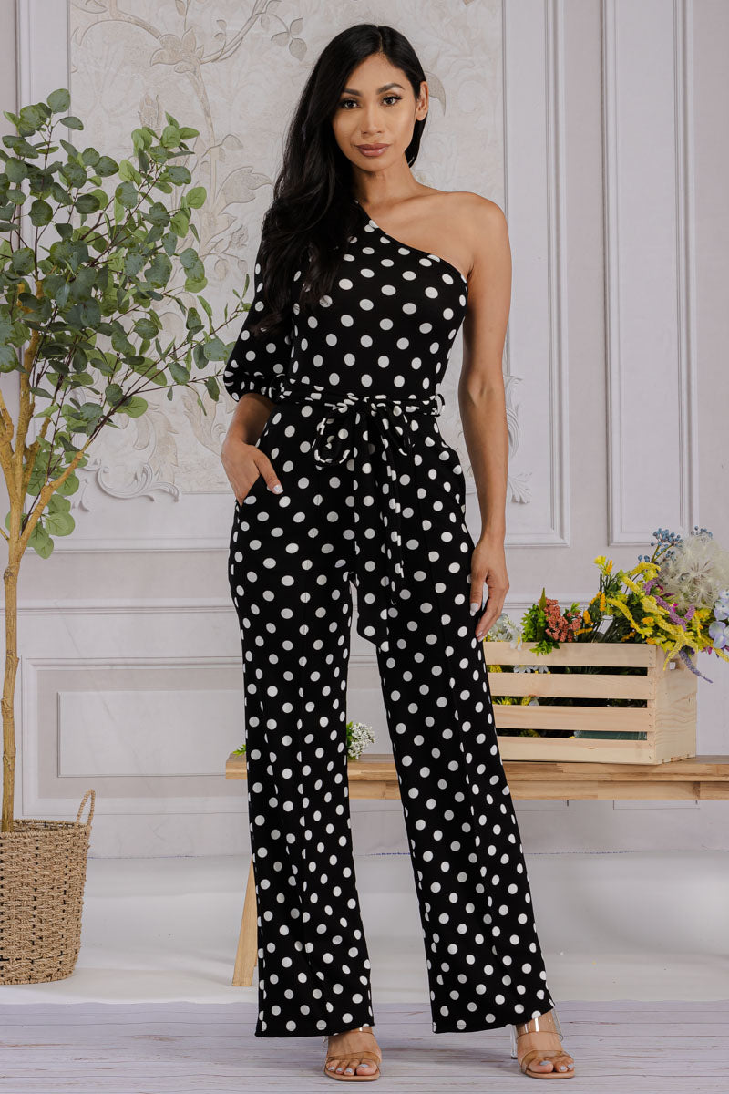 HH667R-POLKADOT - ONE SHOULDER JUMPSUIT