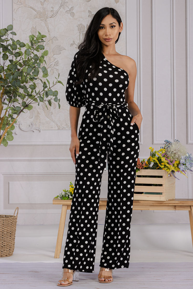 HH667R-POLKADOT - ONE SHOULDER JUMPSUIT