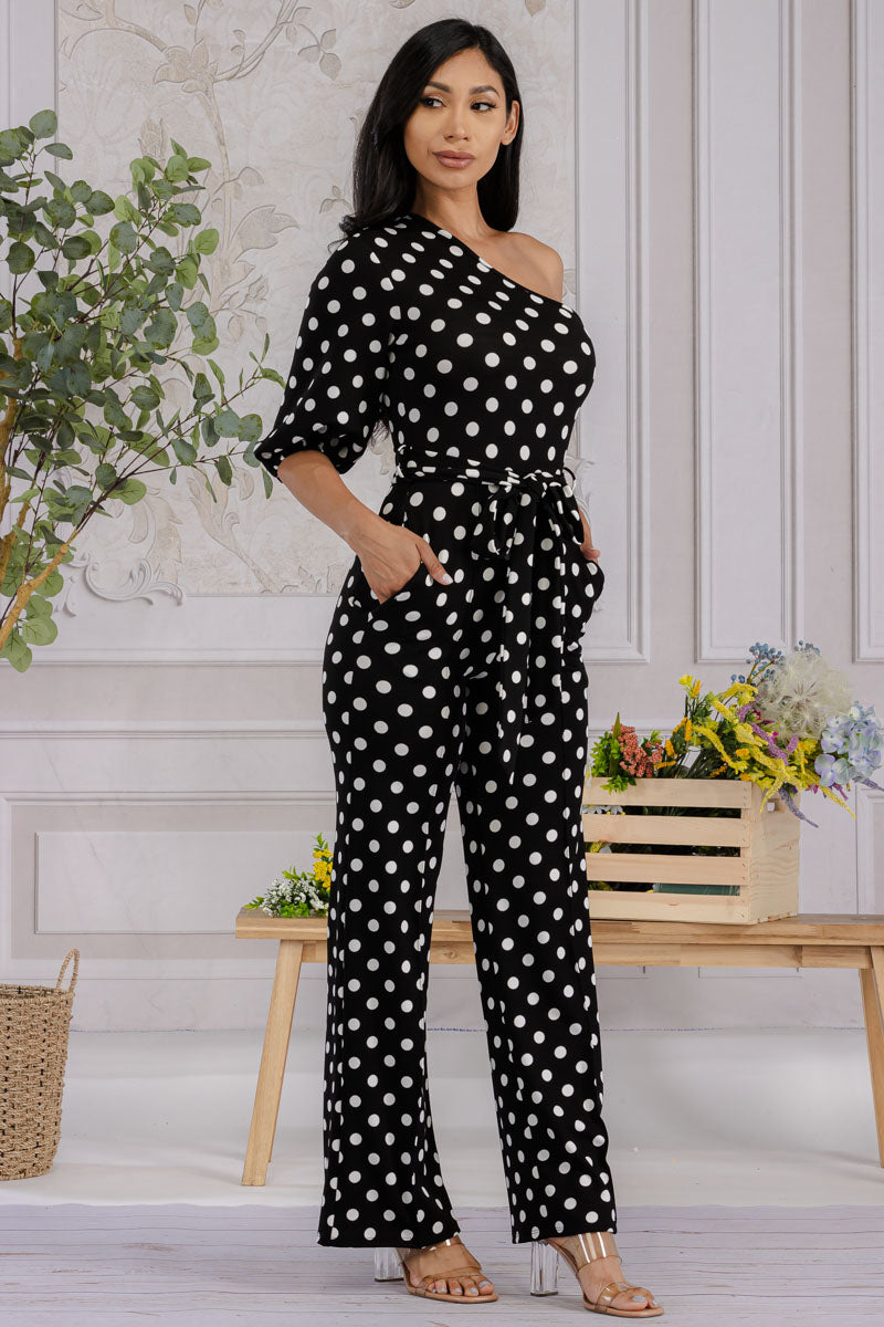 HH667R-POLKADOT - ONE SHOULDER JUMPSUIT