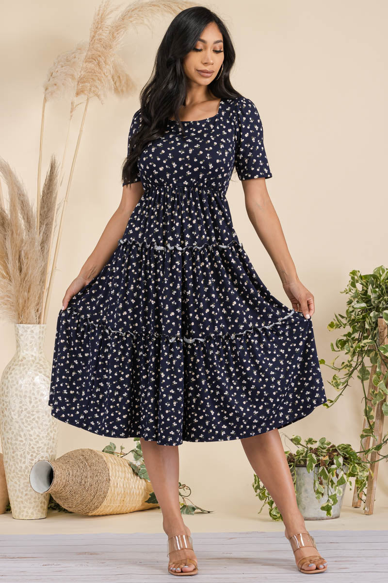 JR778R-DITSY - Short Sleeve  Three Tiered Dress