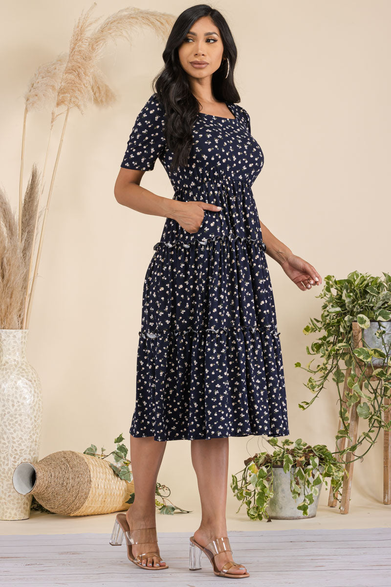 JR778R-DITSY - Short Sleeve  Three Tiered Dress