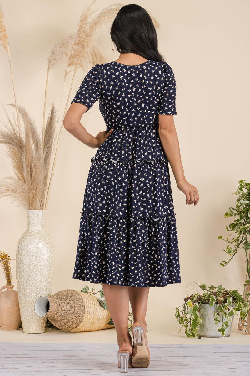 JR778X-DITSY - Short Sleeve  Three Tiered Dress