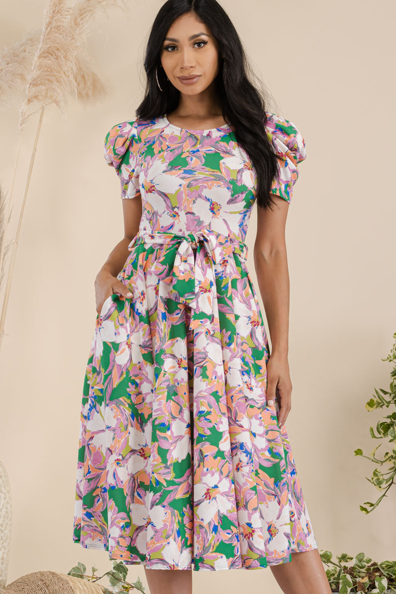 HH698R-FLOWERPUFF - PUFF SLEEVE MIDI COCKTAIL DRESS