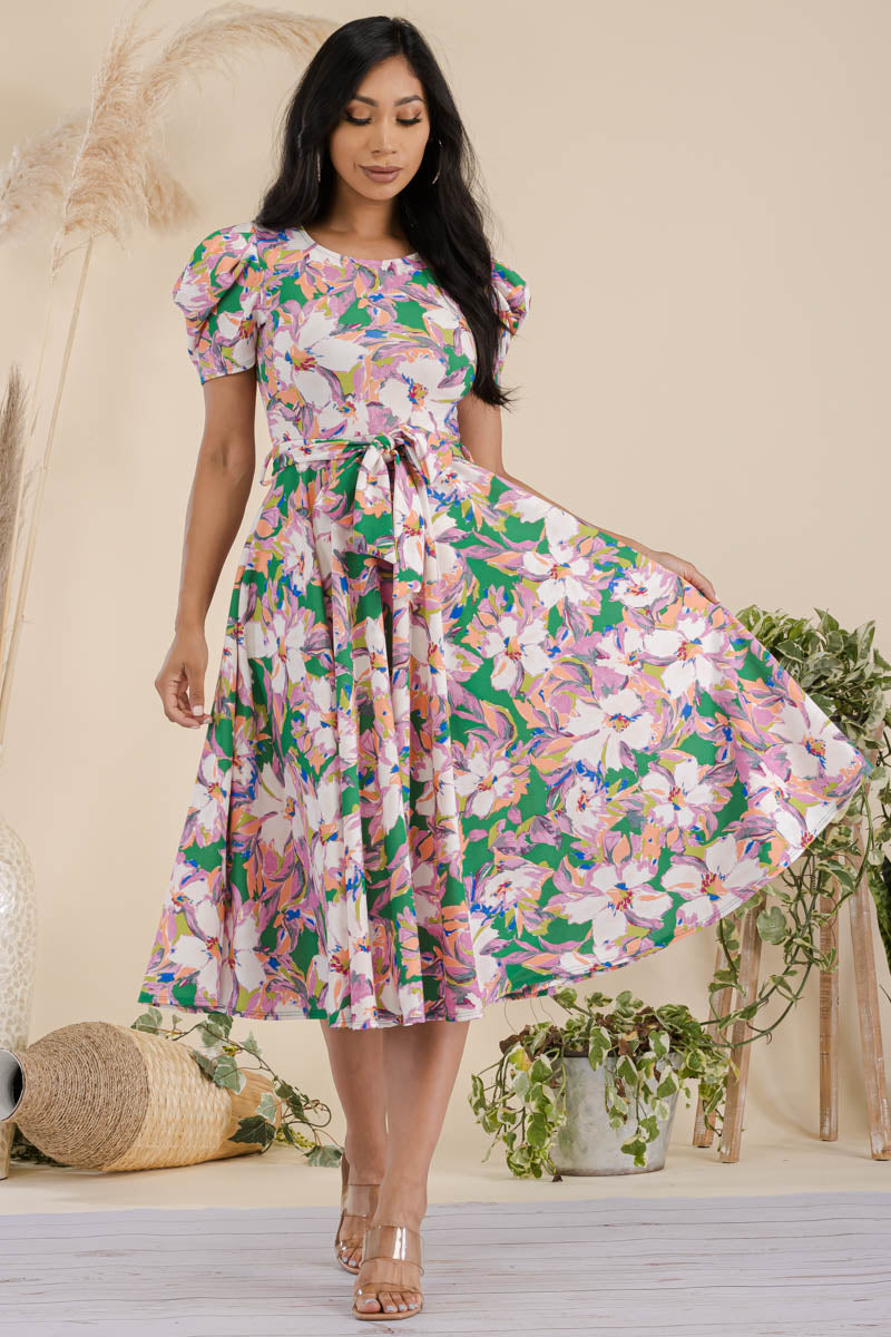 HH698R-FLOWERPUFF - PUFF SLEEVE MIDI COCKTAIL DRESS