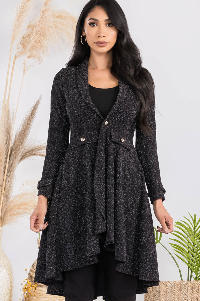 HH744R-GLITTER - CREPE KNIT CHAIN BUTTON HI-LO CARDIGAN