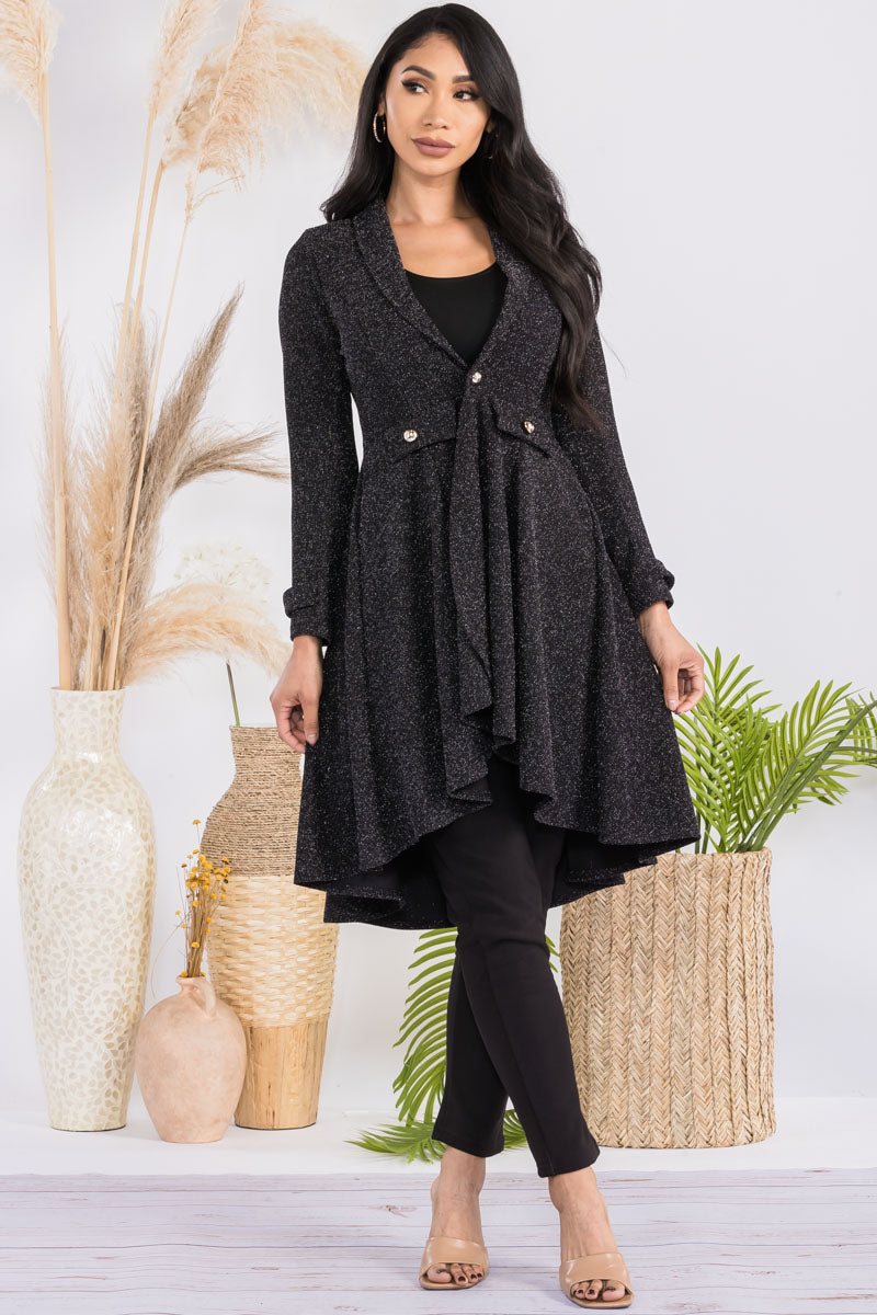 HH744R-GLITTER - CREPE KNIT CHAIN BUTTON HI-LO CARDIGAN