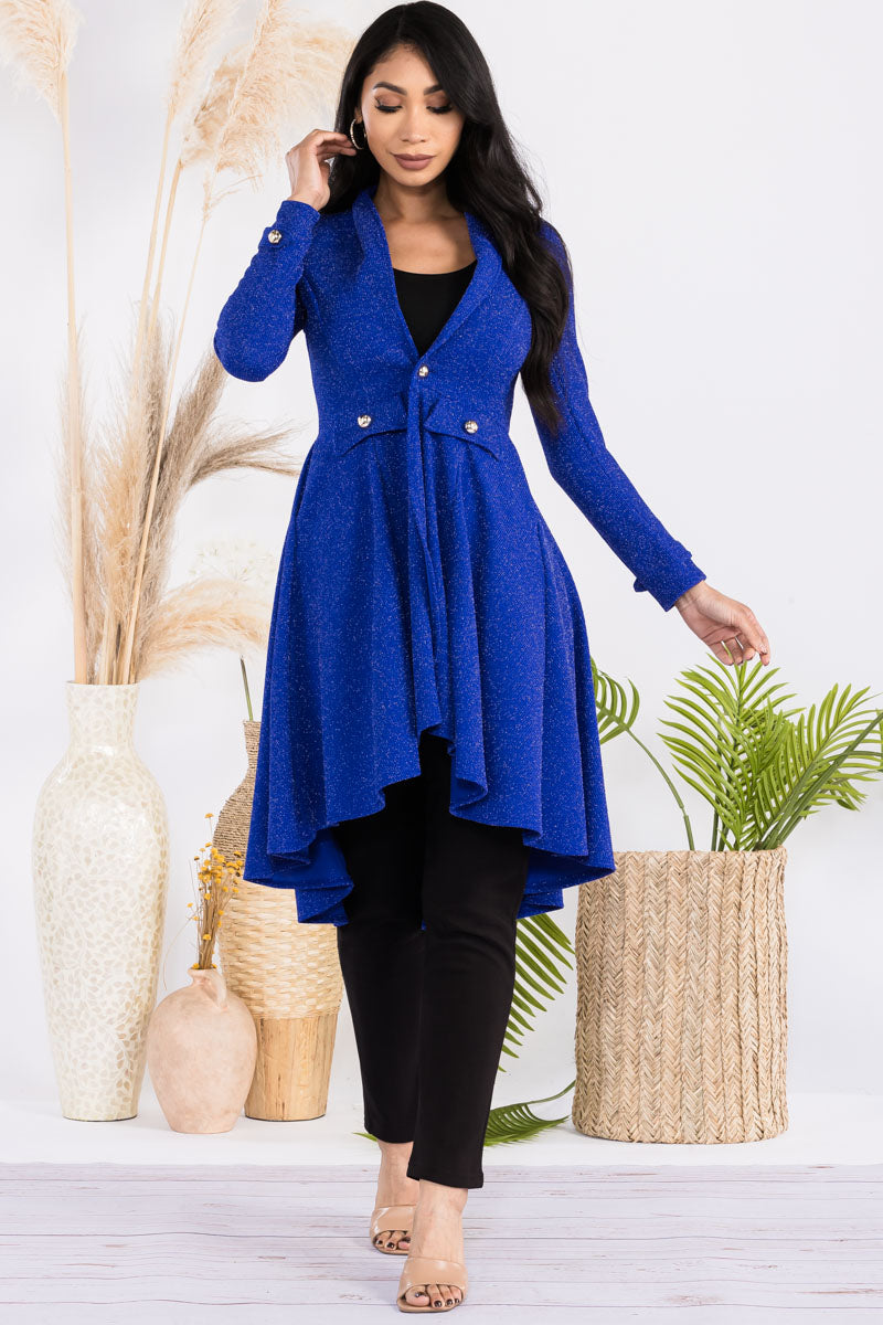 HH744R-GLITTER - CREPE KNIT CHAIN BUTTON HI-LO CARDIGAN