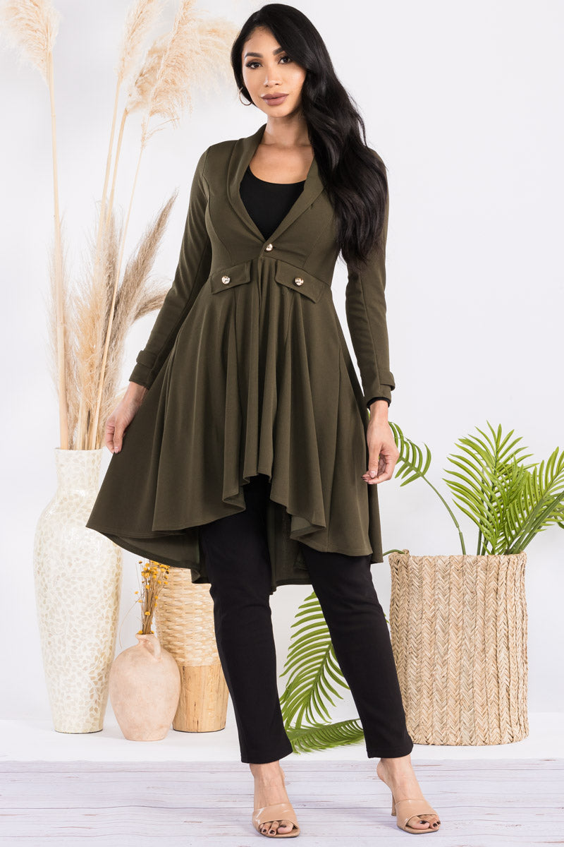 HH744X-SOLID - CREPE KNIT CHAIN BUTTON HI-LO CARDIGAN
