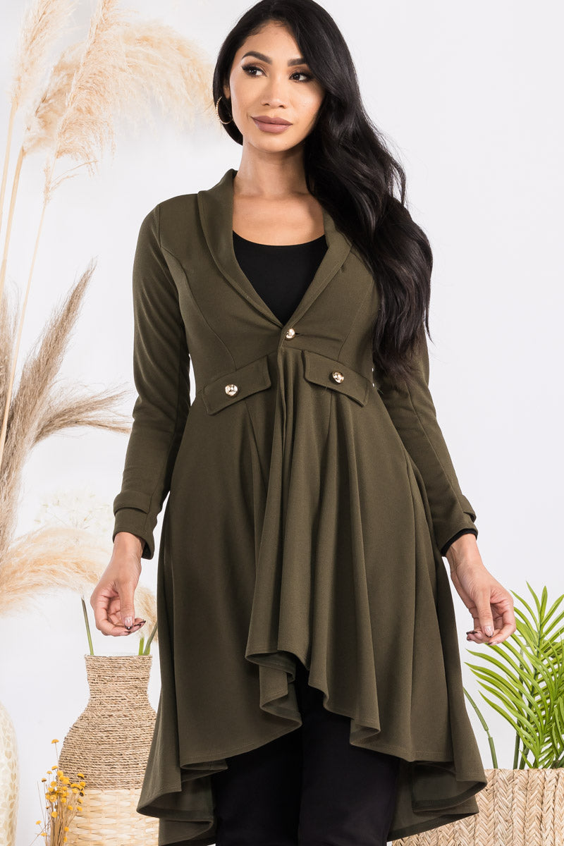 HH744X-SOLID - CREPE KNIT CHAIN BUTTON HI-LO CARDIGAN