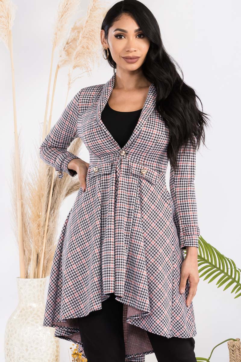 HH744X-HOUNDSTOOTH - CREPE KNIT CHAIN BUTTON HI-LO CARDIGAN