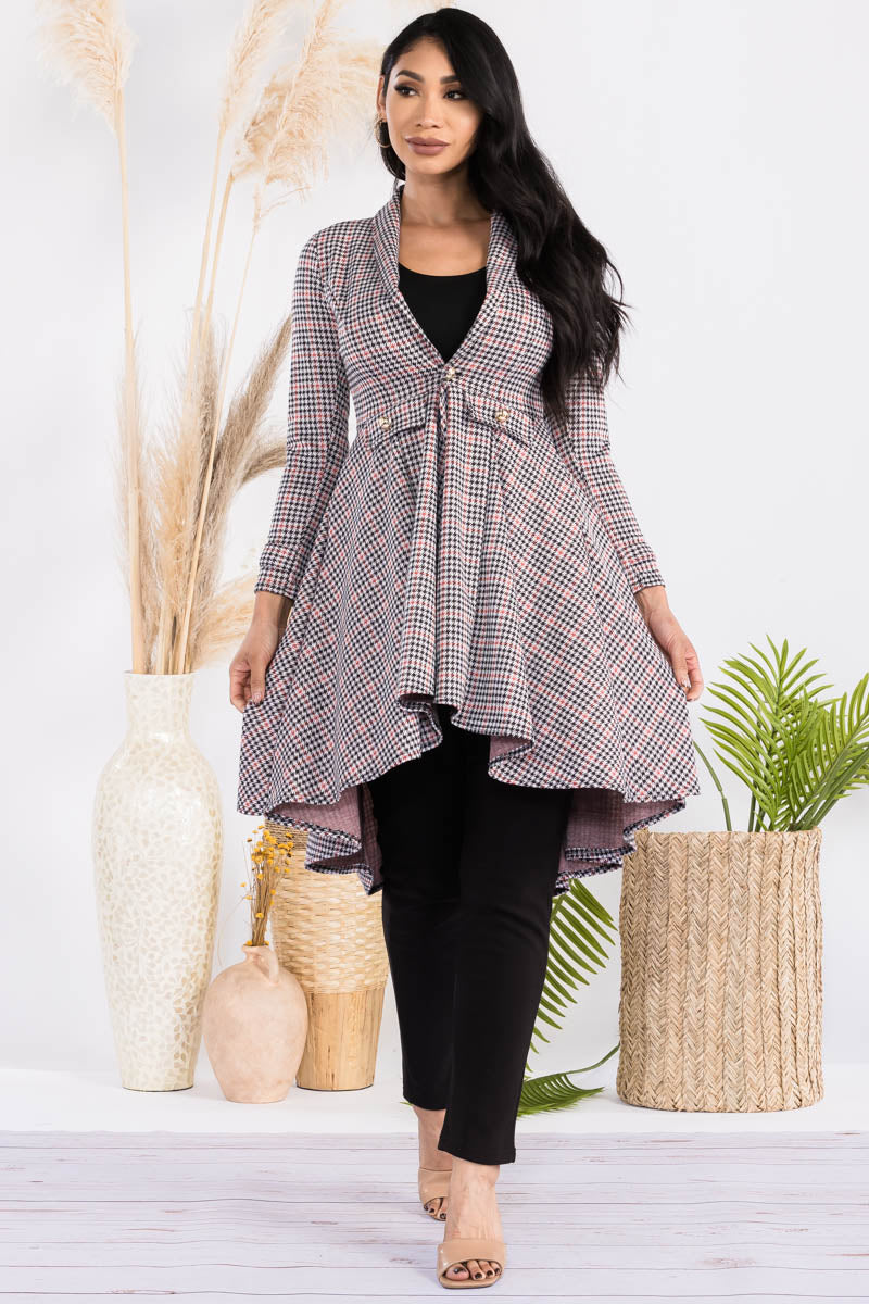 HH744X-HOUNDSTOOTH - CREPE KNIT CHAIN BUTTON HI-LO CARDIGAN