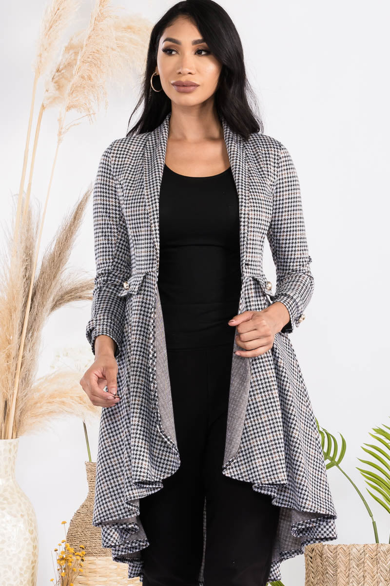 HH744X-HOUNDSTOOTH - CREPE KNIT CHAIN BUTTON HI-LO CARDIGAN