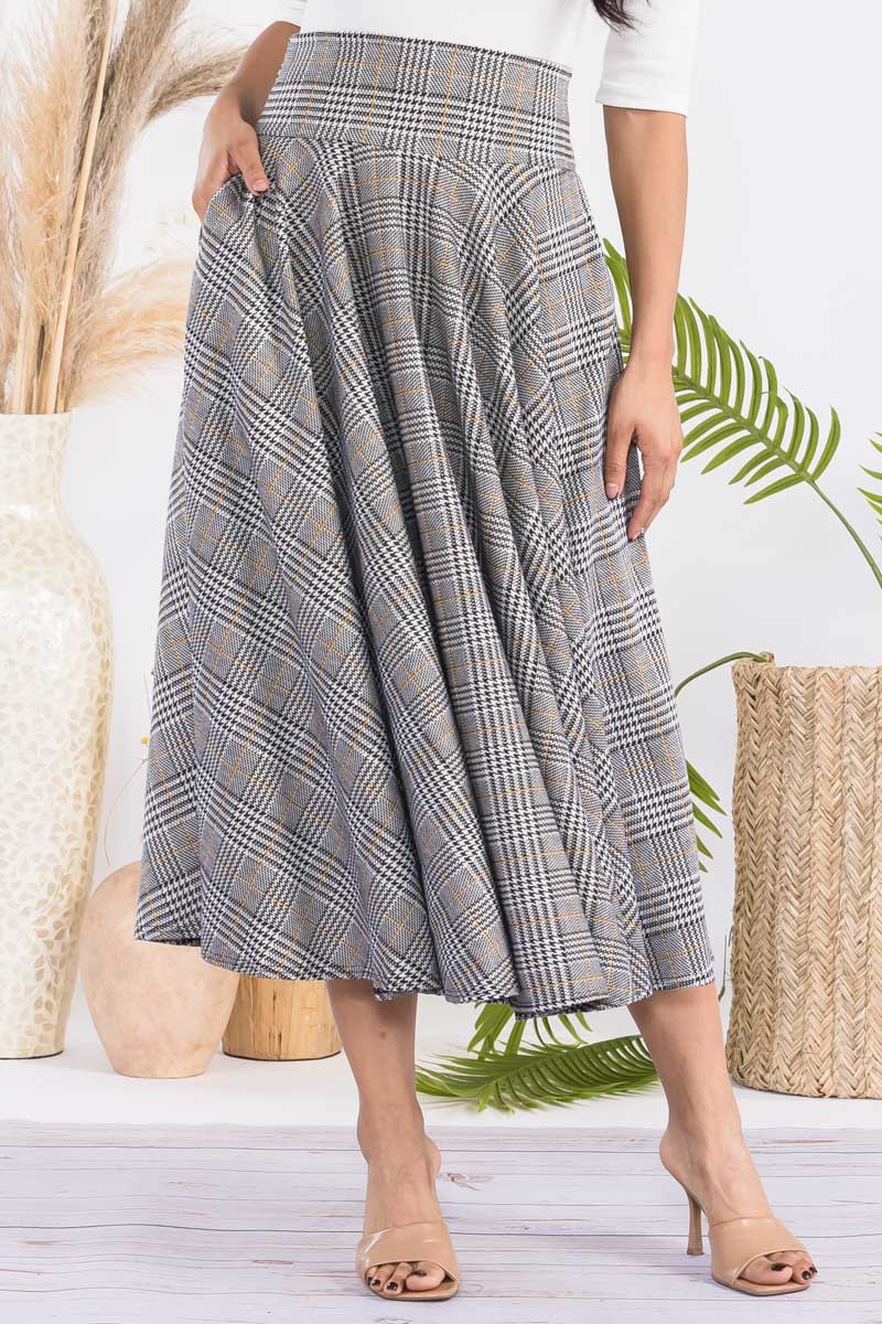 JR777X-PLAID - PLAID PRINT MIDI SKIRT