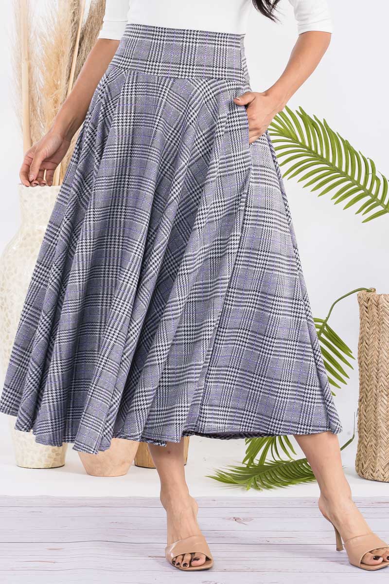 JR777X-PLAID - PLAID PRINT MIDI SKIRT