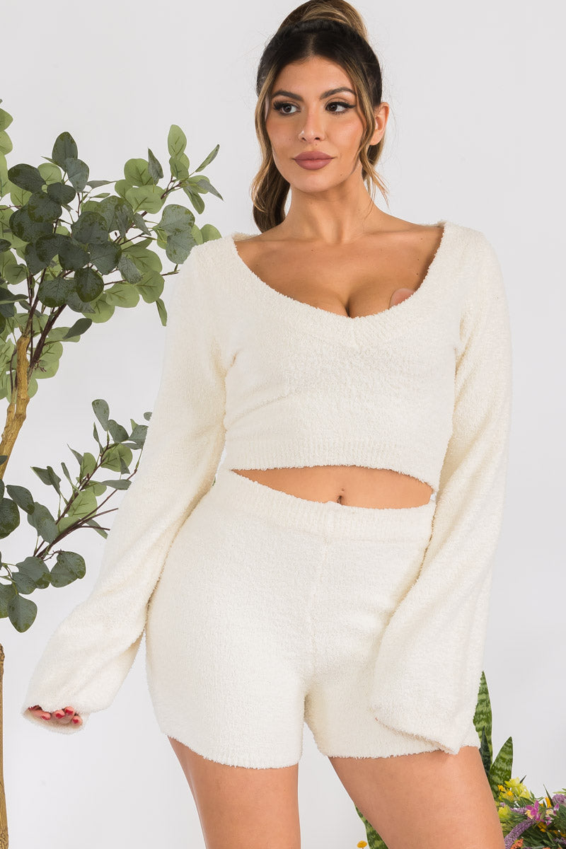 AS017S - 2PC LONG SLEEVE FUZZY SHORTS SET