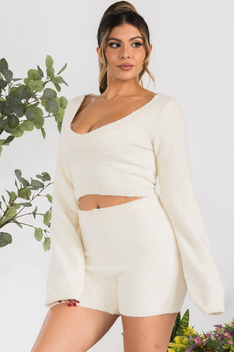 AS017S - 2PC LONG SLEEVE FUZZY SHORTS SET