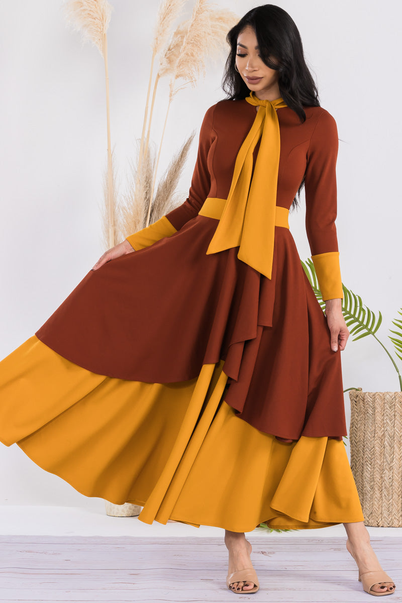 HH745R-SOLID - LONG SLEEVE COLOR BLOCK TIERED MAXI DRESS