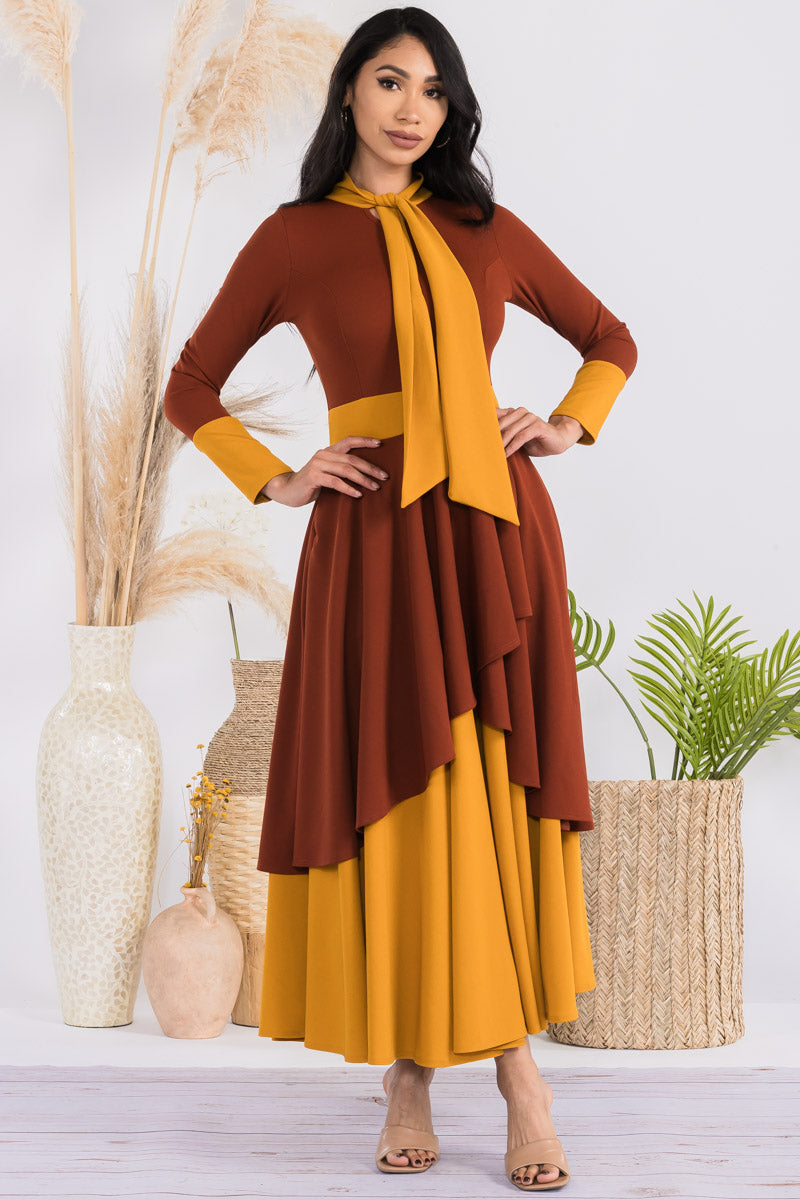 HH745R-SOLID - LONG SLEEVE COLOR BLOCK TIERED MAXI DRESS