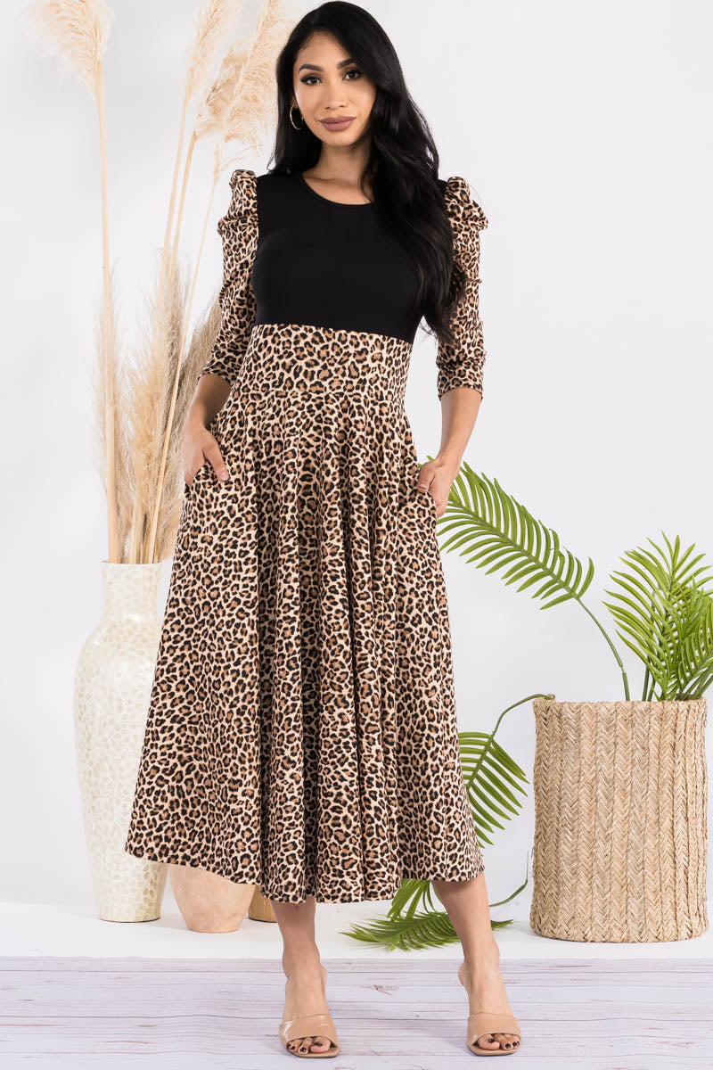 HH712R-PATTERN - 3/4 PUFF SLEEVE COLOR BLOCK MIDI DRESS
