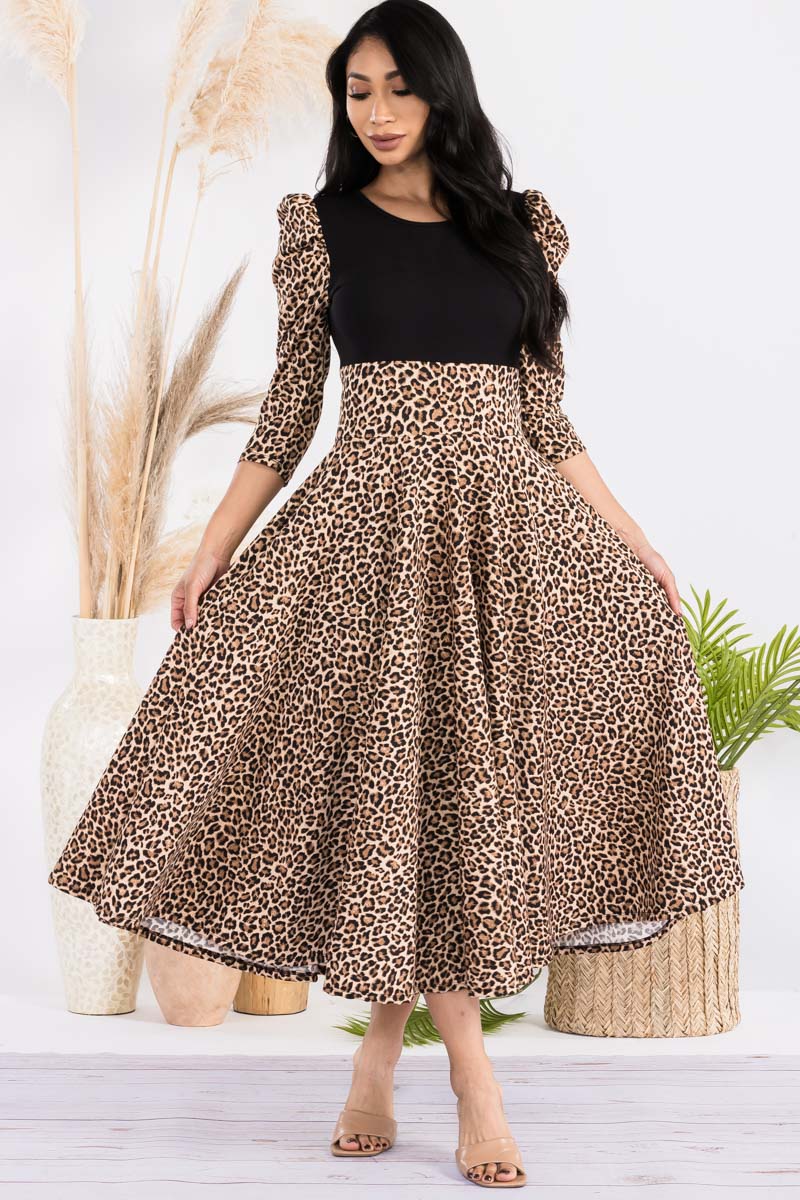 HH712R-PATTERN - 3/4 PUFF SLEEVE COLOR BLOCK MIDI DRESS